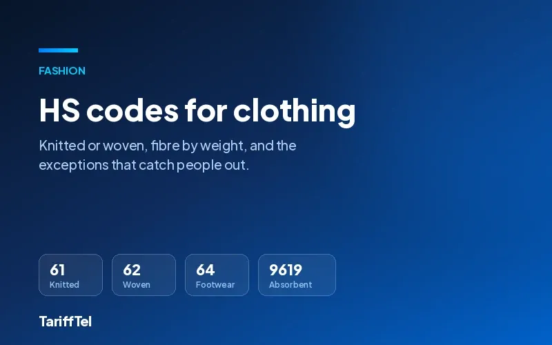 HS codes for clothing: TariffTel card graphic showing tariff chapters 61 knitted, 62 woven, 64 footwear and heading 9619 absorbent